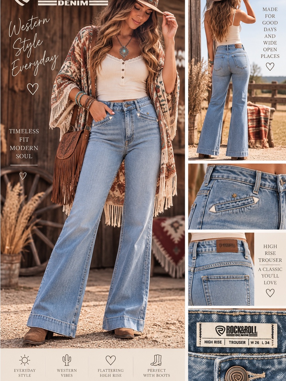Rock & Roll Denim High Rise Trouser Jeans NWT | 26x34 | Light Wash